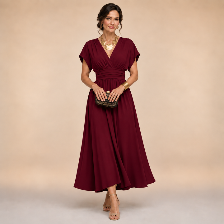 Women's Short Sleeve V-Neck Wrap Midi Dress – Tabitha