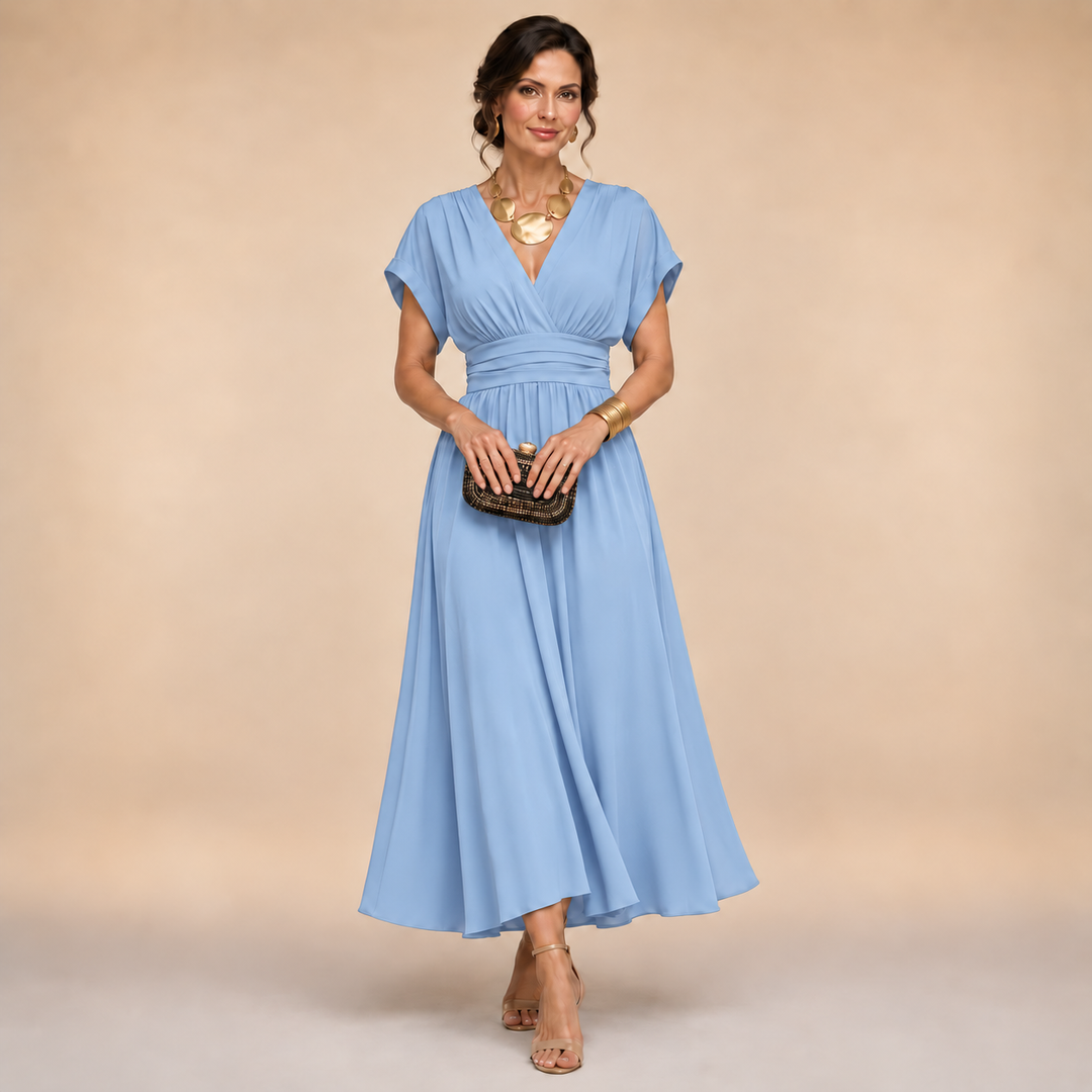 Women's Short Sleeve V-Neck Wrap Midi Dress – Tabitha