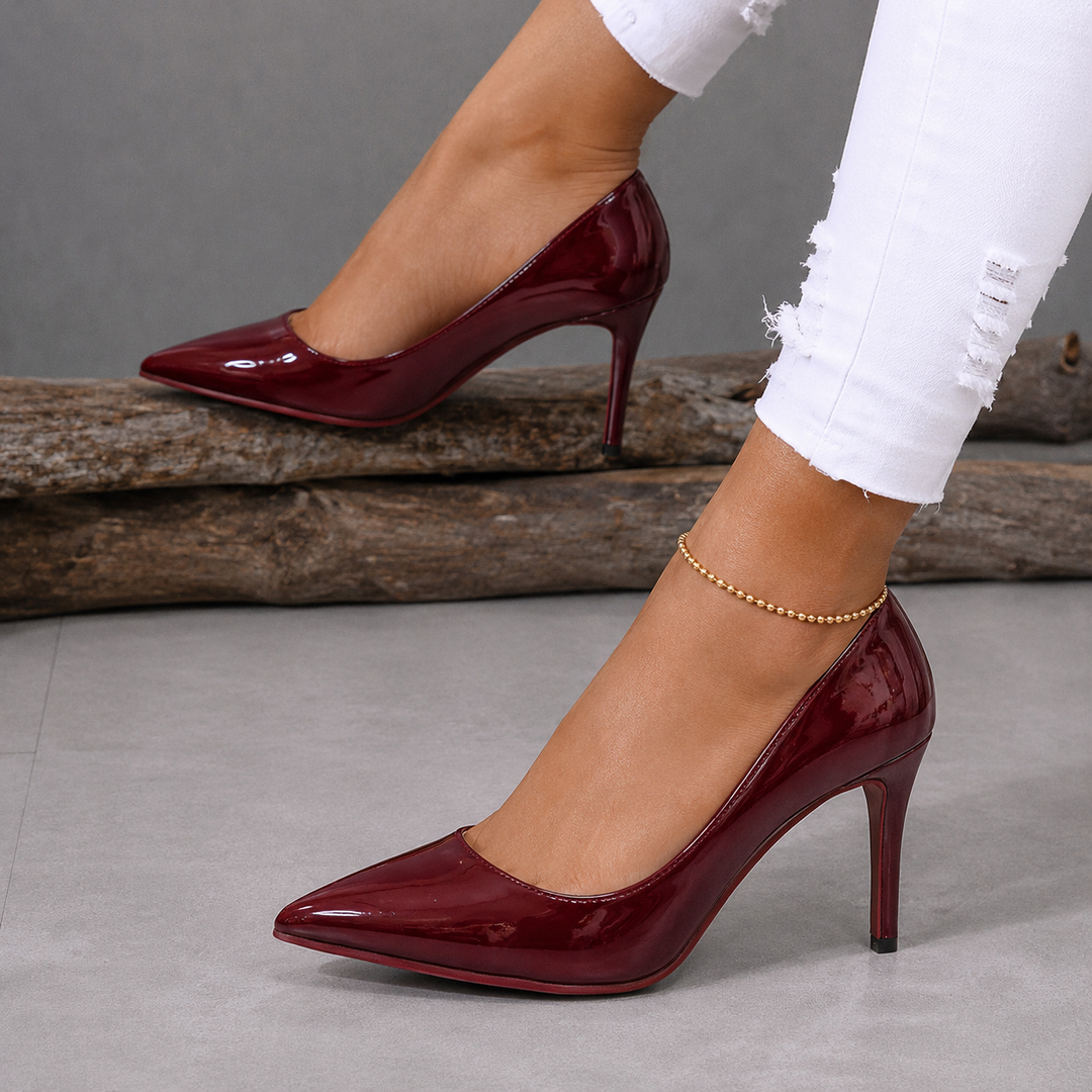 Women's Patent Pointed-Toe Stiletto Court Shoes Tammy – Burgundy – on foot