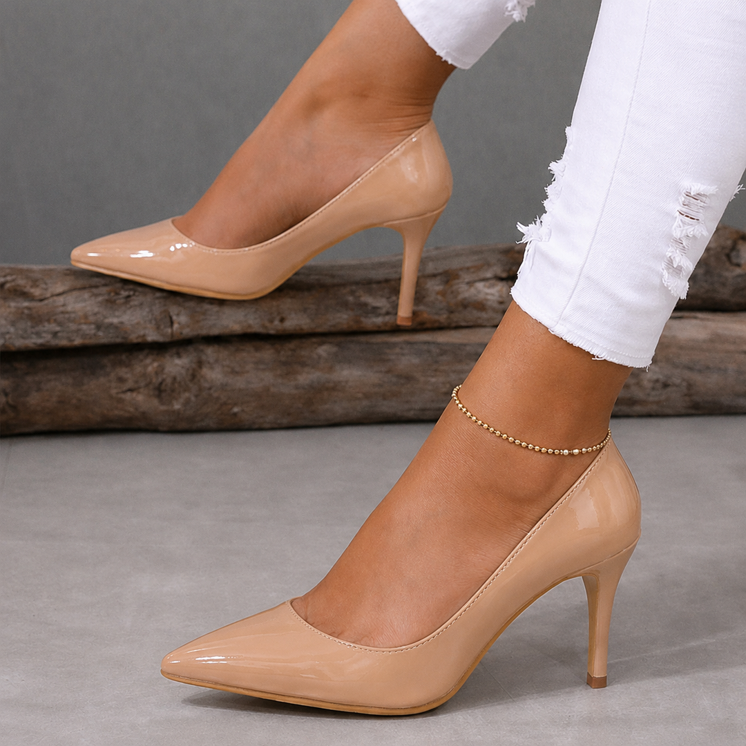 Women's Patent Pointed-Toe Stiletto Court Shoes Tammy – Nude – on foot