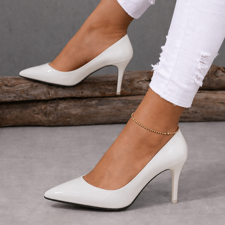 Women's Patent Pointed-Toe Stiletto Court Shoes Tammy – White – on foot