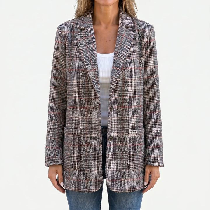 Women's longline check blazer Colette in Brown – front view