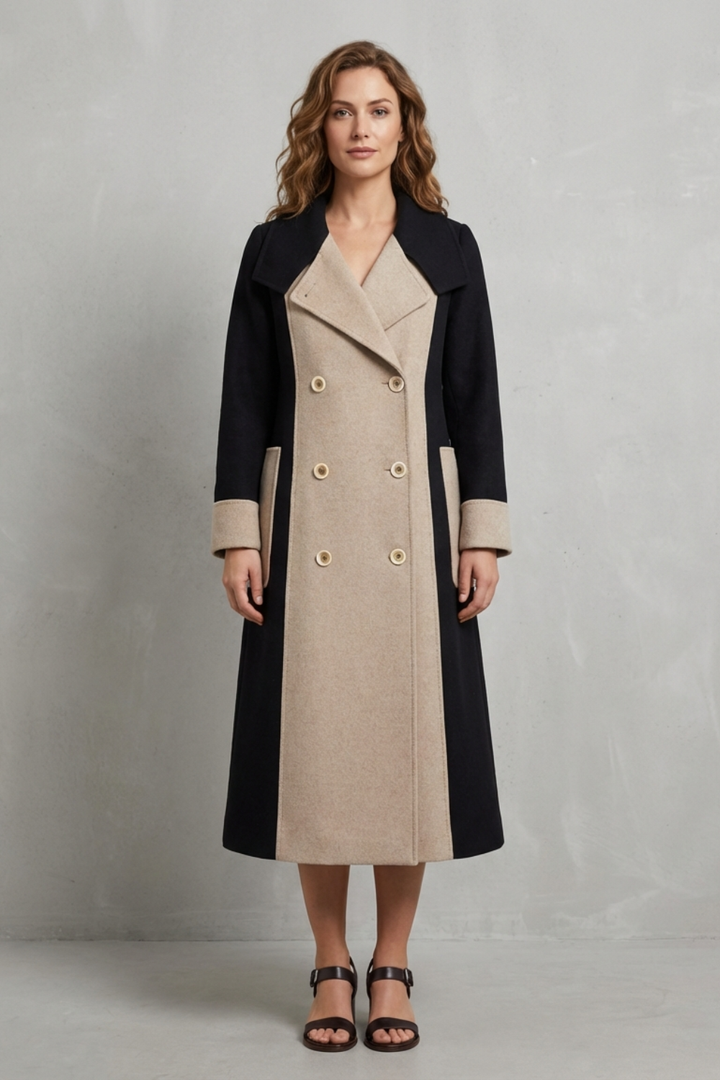 Women's Elegant Hepburn-Style Wool Coat with Contrast Colors – Lorelei