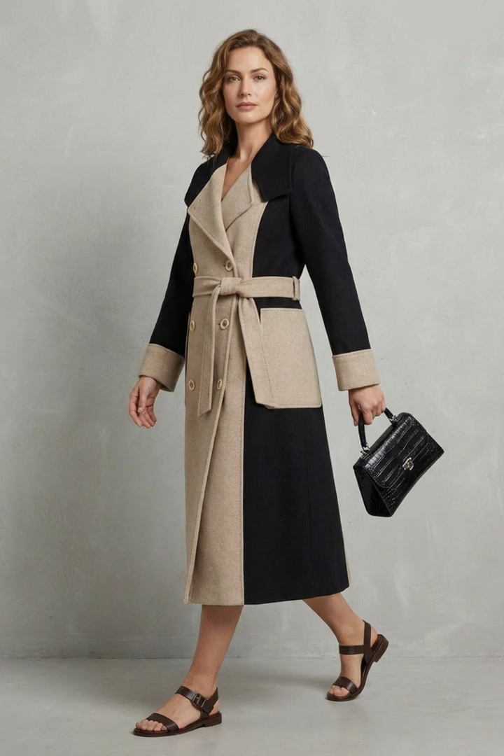 Women's Elegant Hepburn-Style Wool Coat with Contrast Colors – Lorelei
