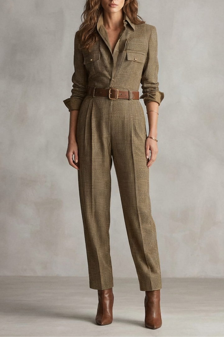 Women's Tapered Leg Check Jumpsuit with Belt Loops - Kastelle