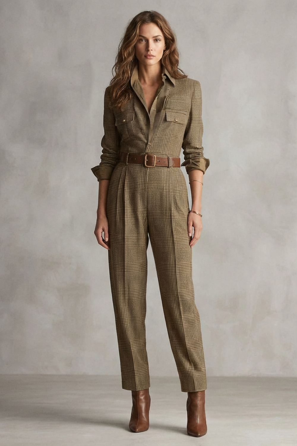 Women's Tapered Leg Check Jumpsuit with Belt Loops - Kastelle