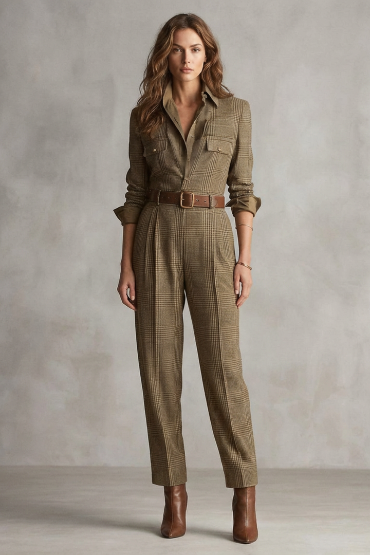 Women's Tapered Leg Check Jumpsuit with Belt Loops - Kastelle