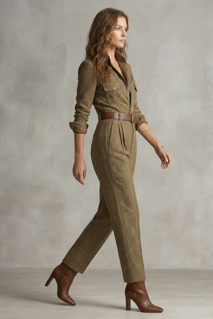 Women's Tapered Leg Check Jumpsuit with Belt Loops - Kastelle