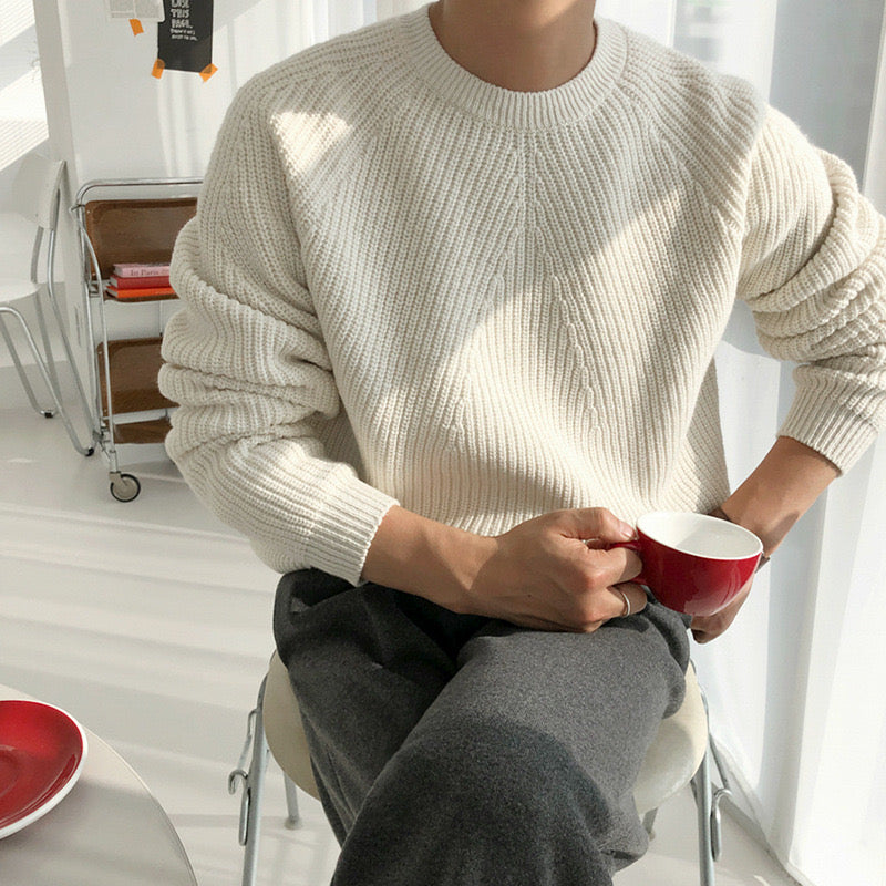 Men's Chunky Ribbed Crew Neck Jumper – Viktor in Off-White, relaxed seated view with coffee