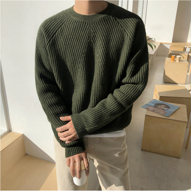 Men's Chunky Ribbed Crew Neck Jumper – Viktor in Olive Green, front view