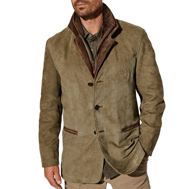 Men's Suede-Effect Fur-Look Collar Jacket Bruce in Khaki – worn on model