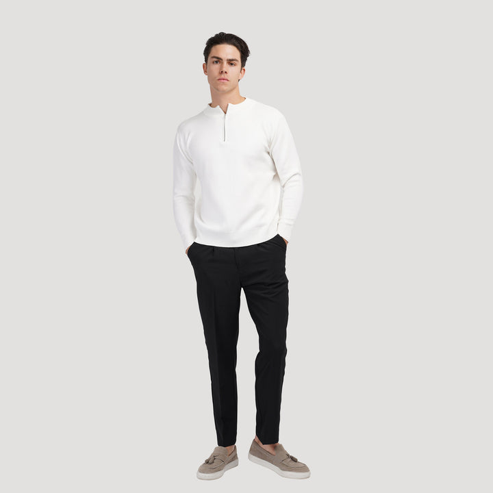 Men's fine knit quarter zip jumper in white – Oberon – full-length view