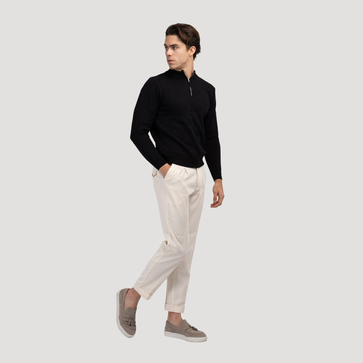 Men's fine knit quarter zip jumper in black – Oberon – full-length view
