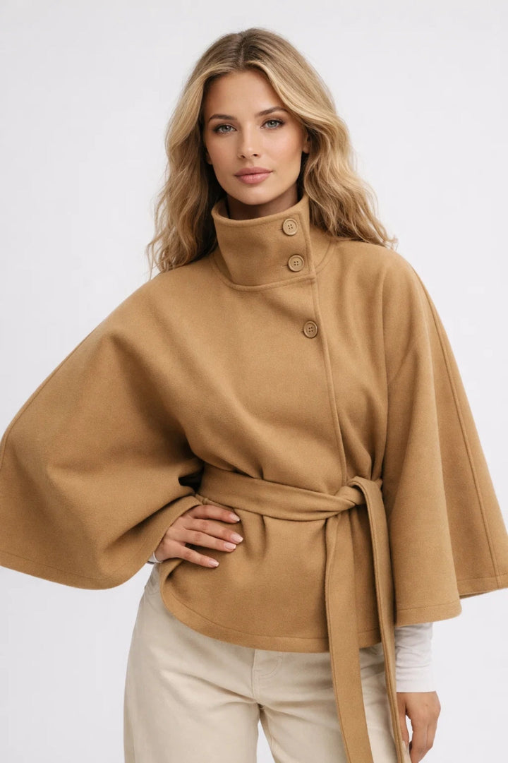 Holt women's belted cape coat in Camel – front view