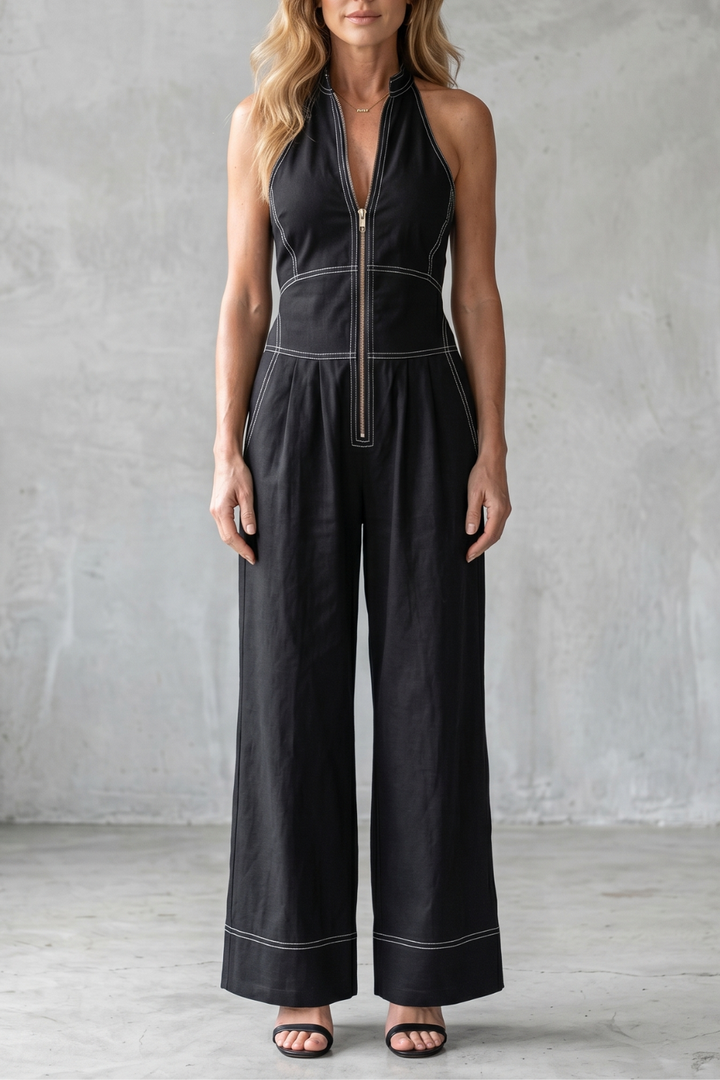 Women's Sleeveless Wide Leg Jumpsuit with Front Zip - Marcelline