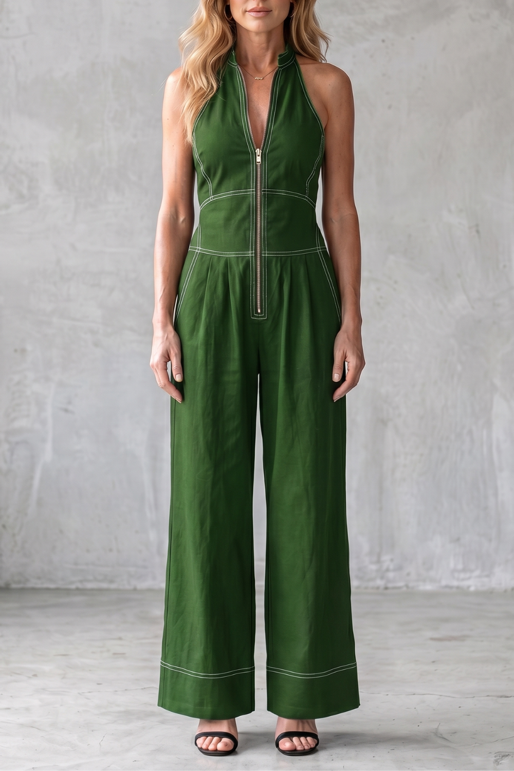 Women's Sleeveless Wide Leg Jumpsuit with Front Zip - Marcelline