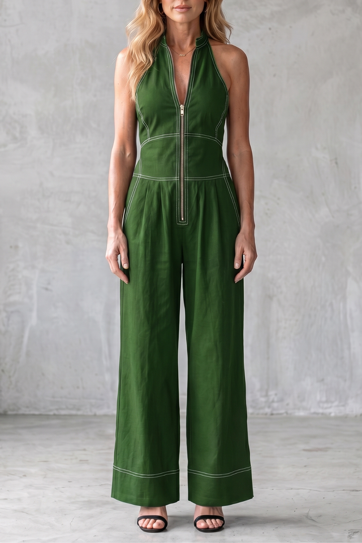 Women's Sleeveless Wide Leg Jumpsuit with Front Zip - Marcelline