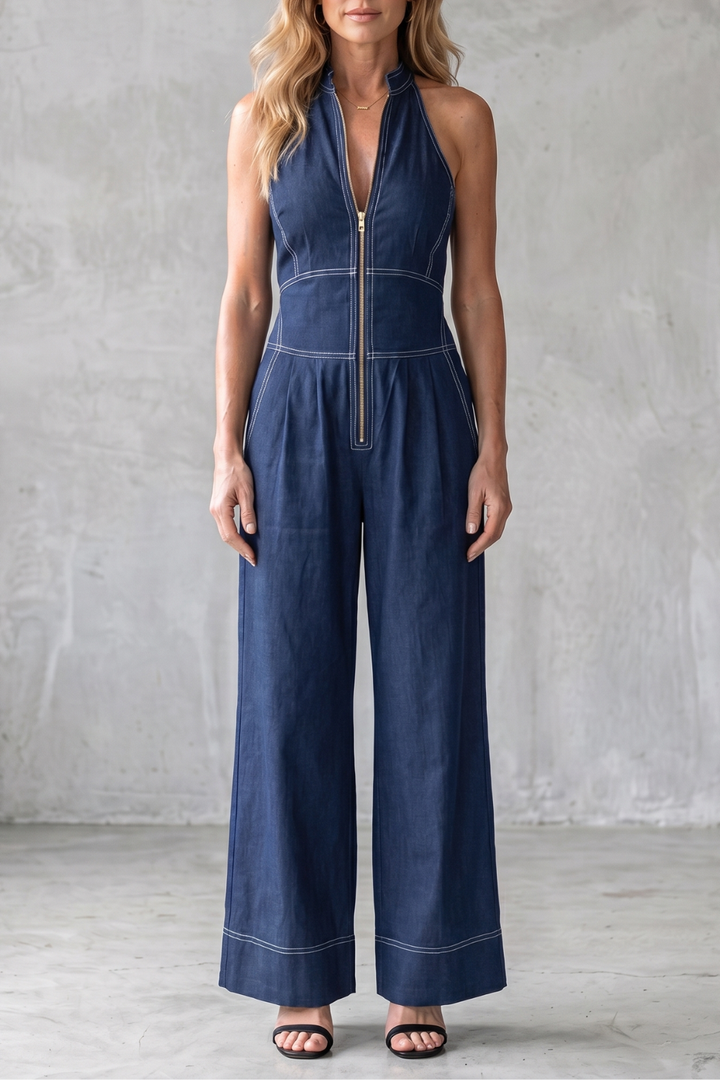 Women's Sleeveless Wide Leg Jumpsuit with Front Zip - Marcelline