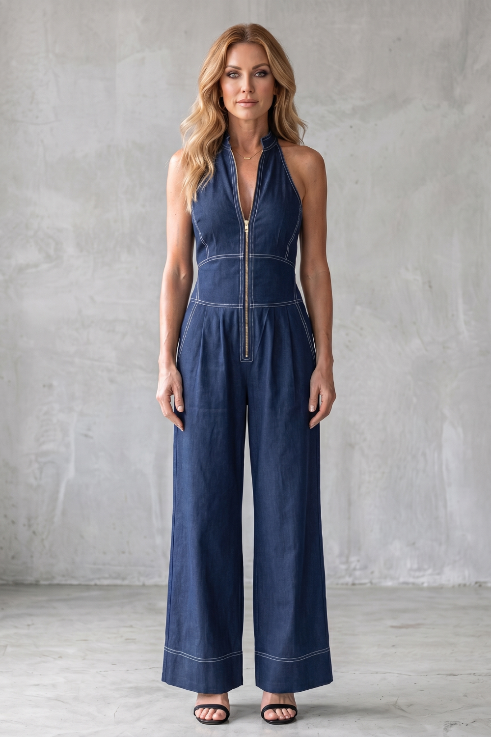 Women's Sleeveless Wide Leg Jumpsuit with Front Zip - Marcelline