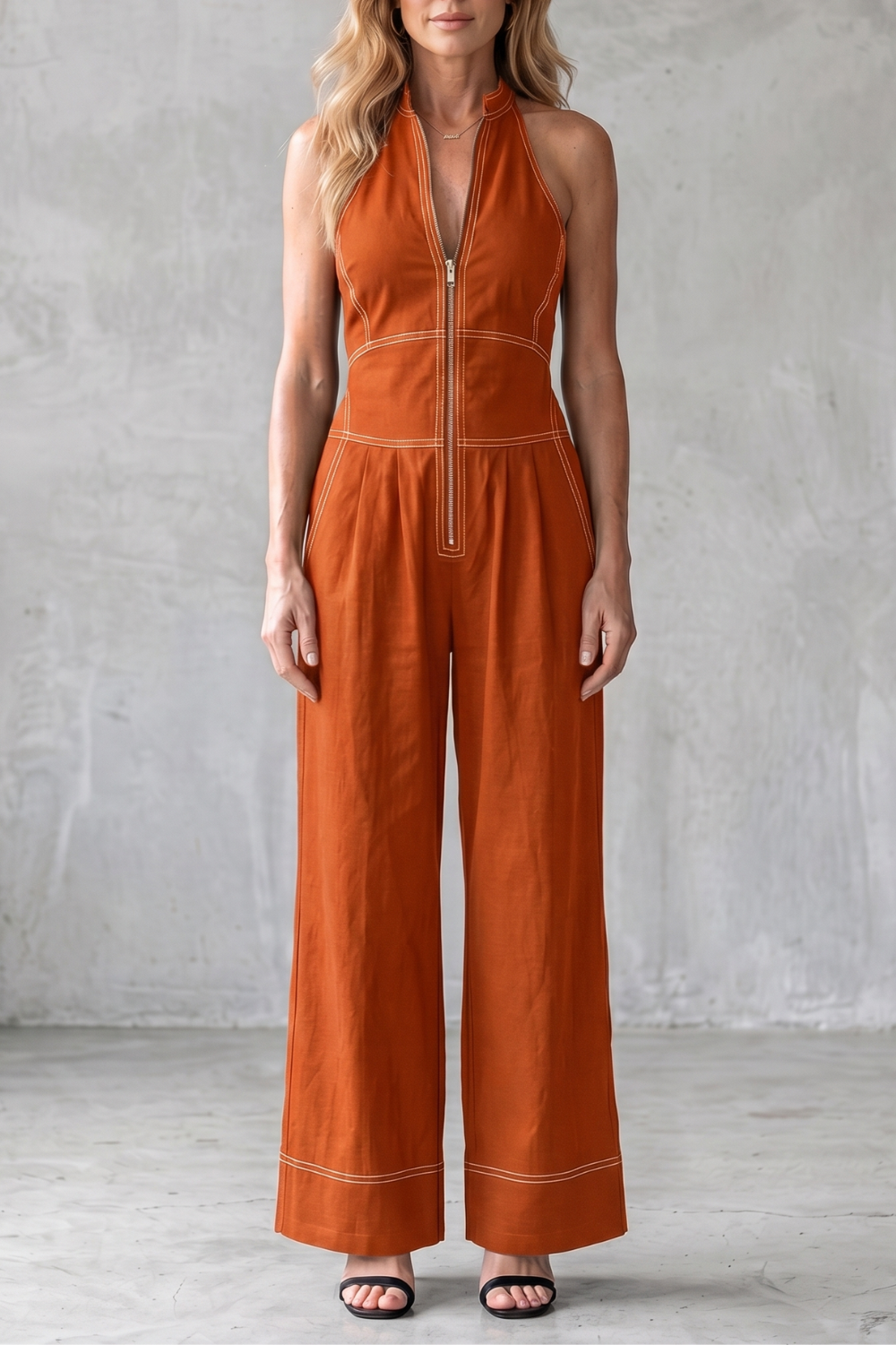 Women's Sleeveless Wide Leg Jumpsuit with Front Zip - Marcelline
