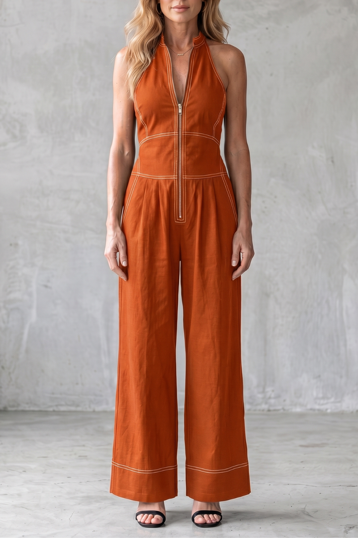 Women's Sleeveless Wide Leg Jumpsuit with Front Zip - Marcelline
