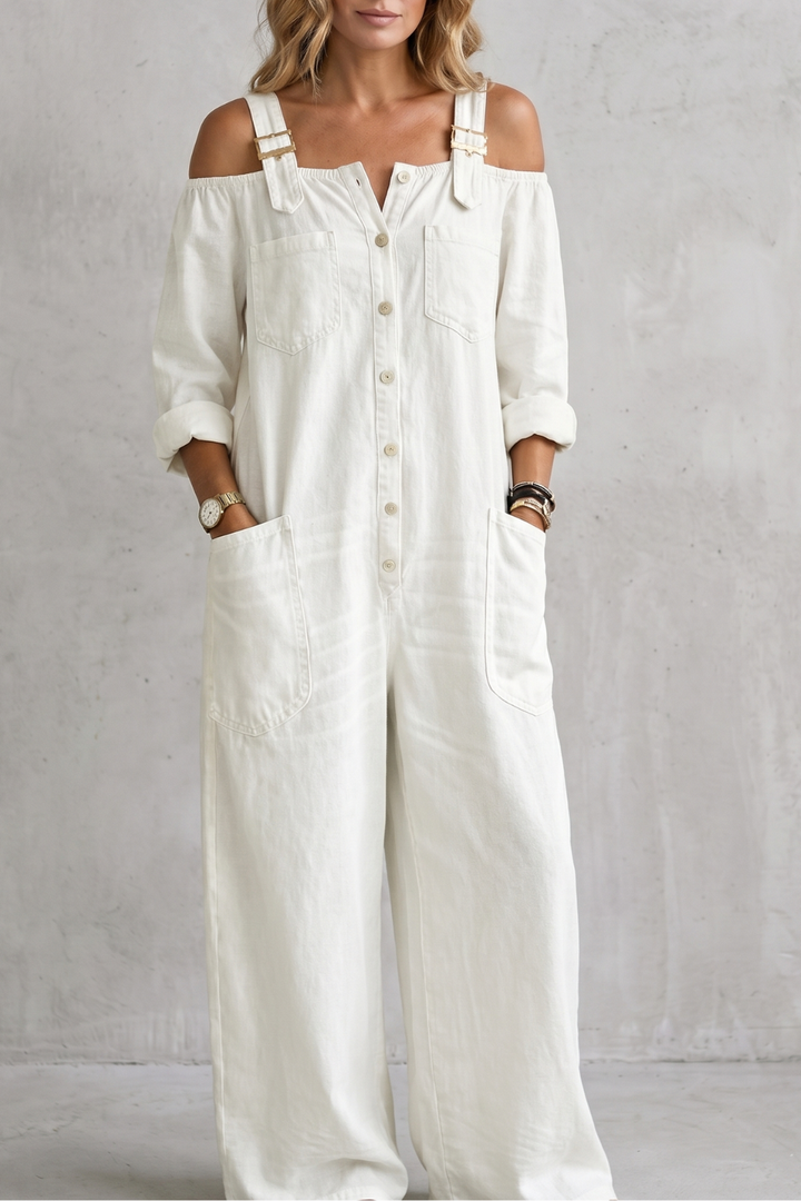 Women's Off Shoulder Wide Leg Dungarees with Buttons - Larienne