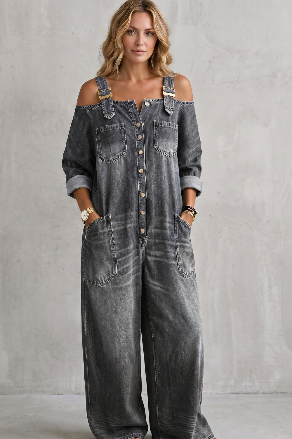 Women's Off Shoulder Wide Leg Dungarees with Buttons - Larienne