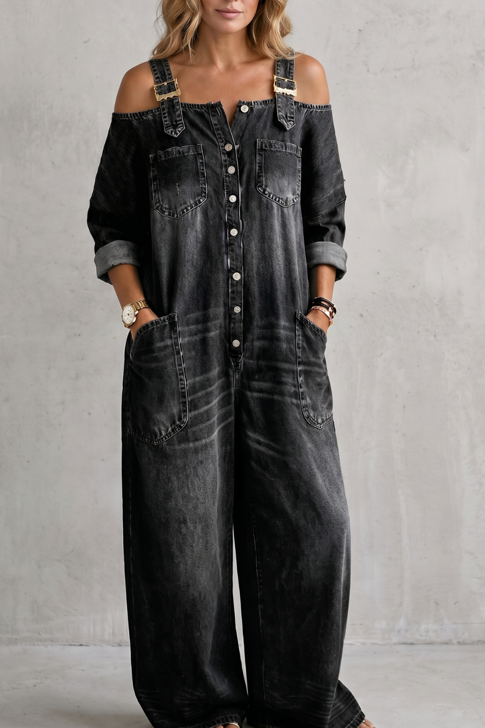 Women's Off Shoulder Wide Leg Dungarees with Buttons - Larienne