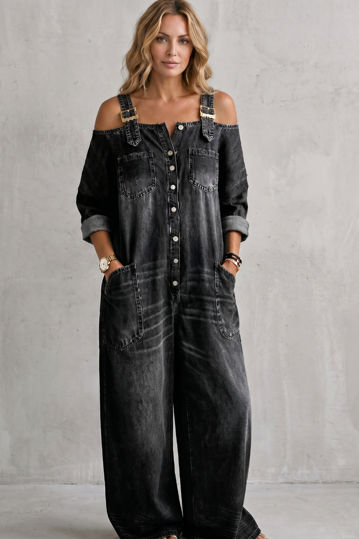 Women's Off Shoulder Wide Leg Dungarees with Buttons - Larienne
