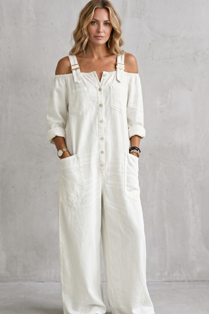 Women's Off Shoulder Wide Leg Dungarees with Buttons - Larienne
