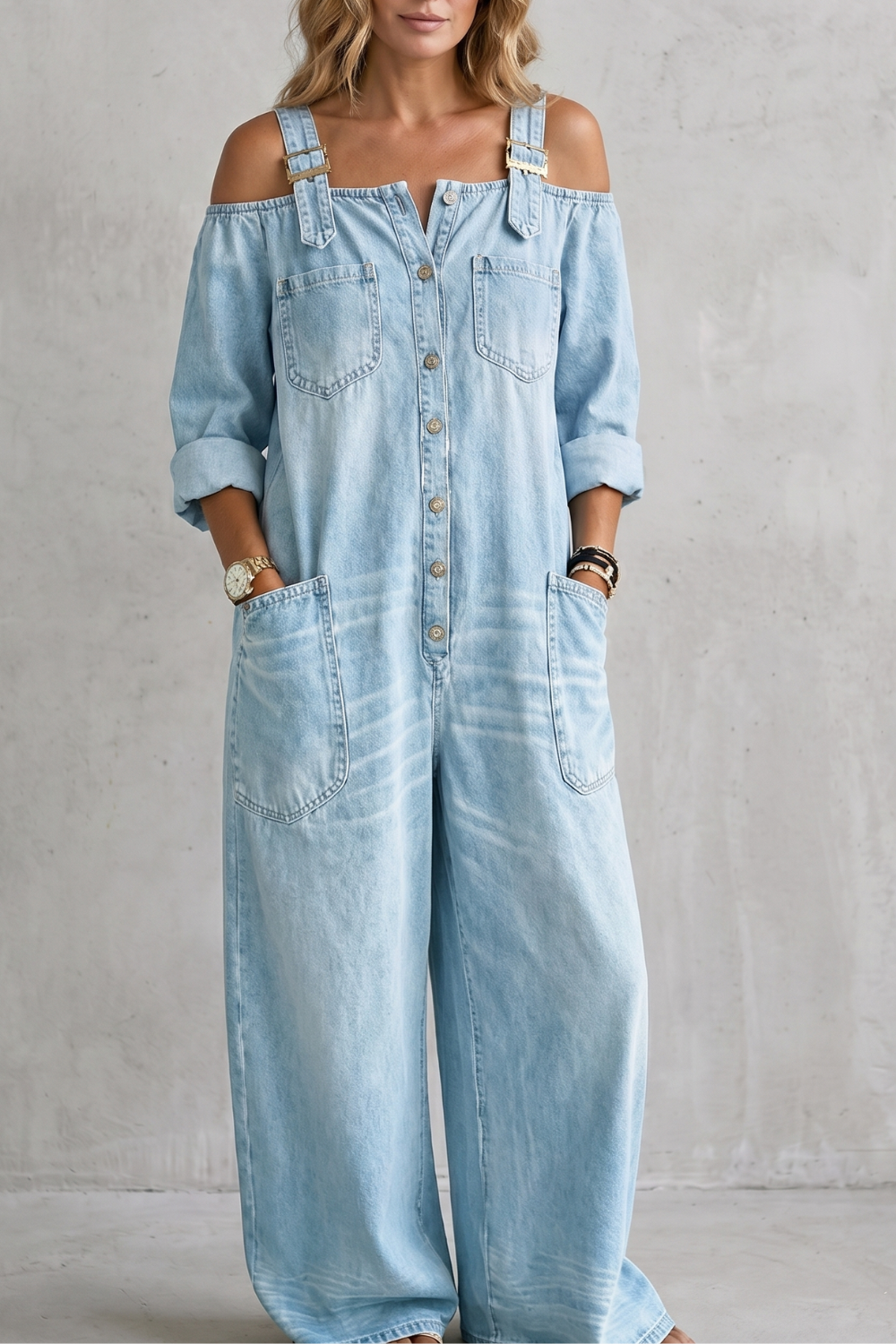 Women's Off Shoulder Wide Leg Dungarees with Buttons - Larienne