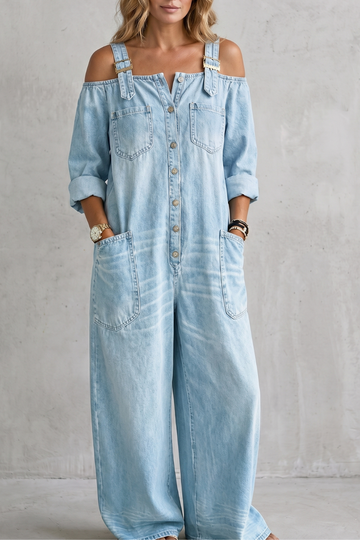 Women's Off Shoulder Wide Leg Dungarees with Buttons - Larienne