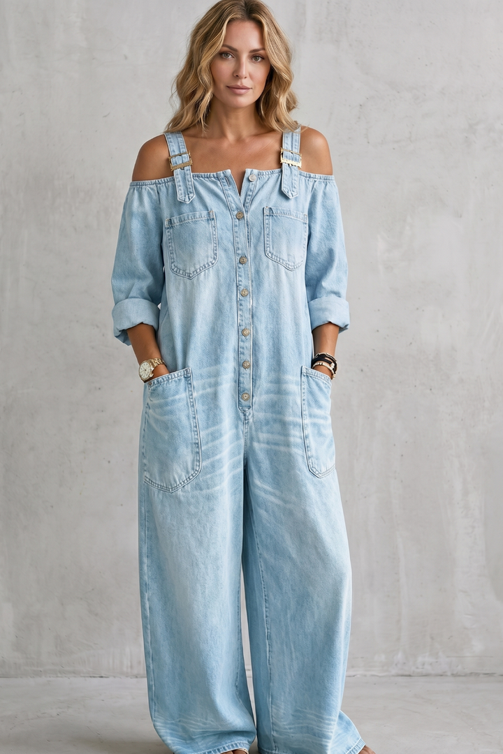 Women's Off Shoulder Wide Leg Dungarees with Buttons - Larienne