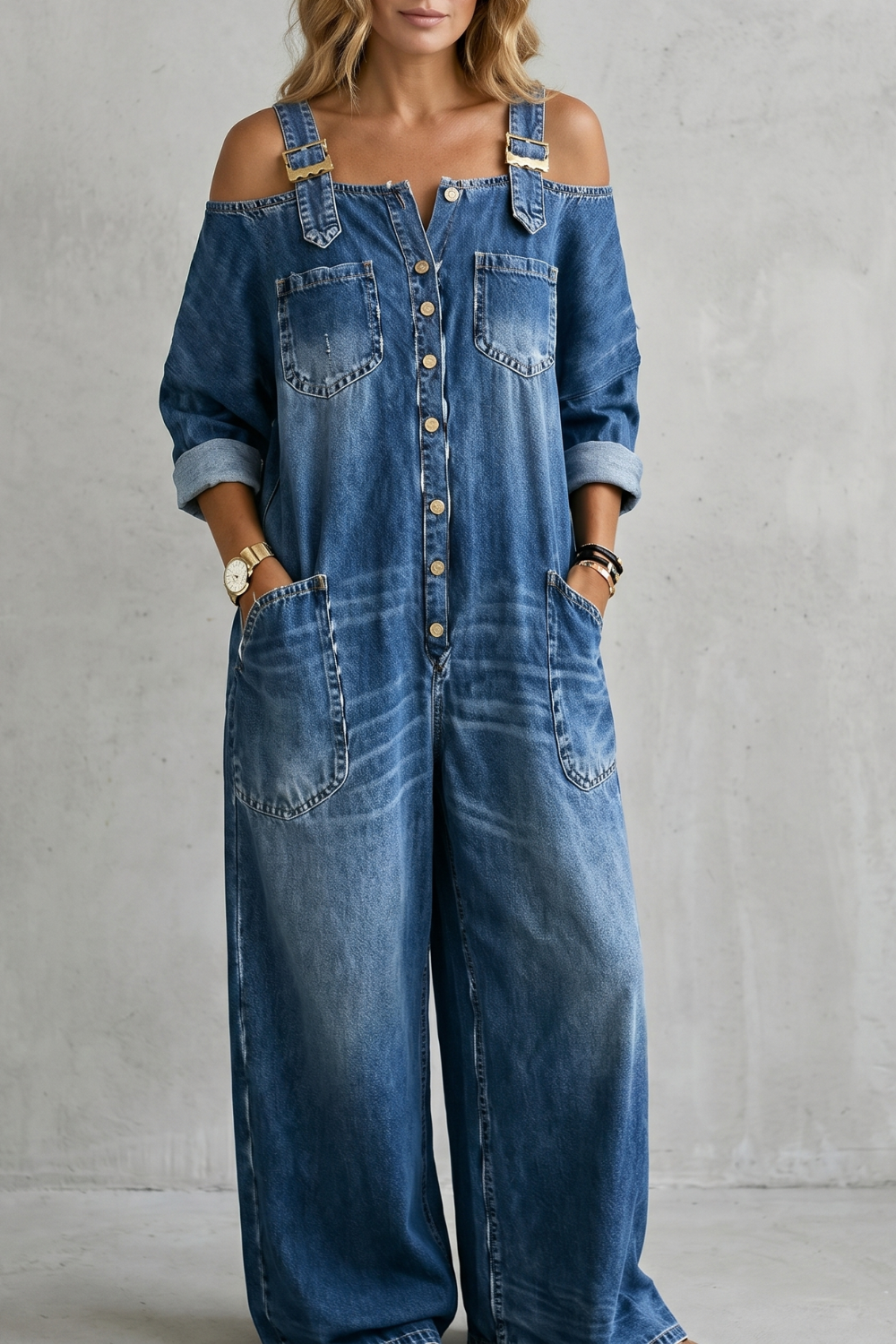 Women's Off Shoulder Wide Leg Dungarees with Buttons - Larienne