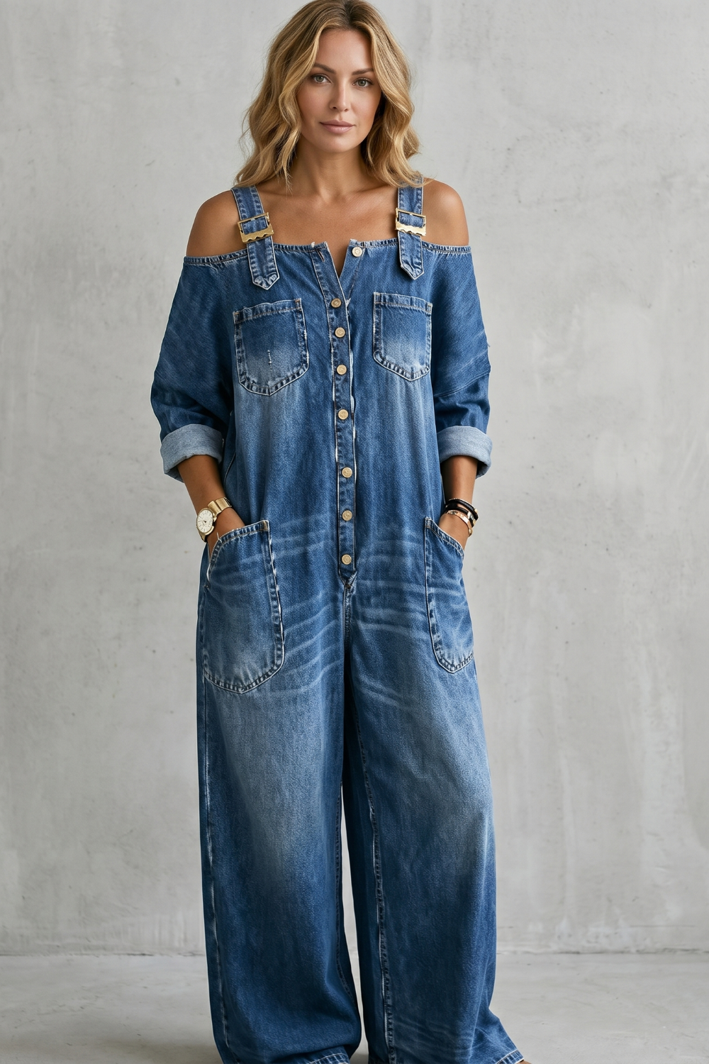 Women's Off Shoulder Wide Leg Dungarees with Buttons - Larienne