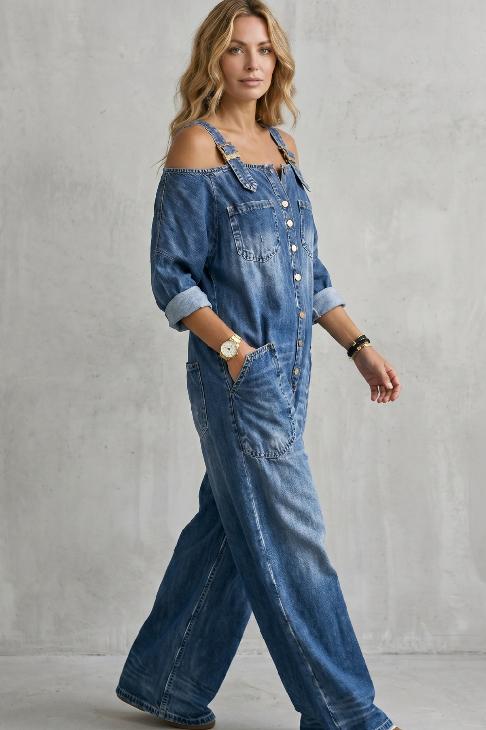 Women's Off Shoulder Wide Leg Dungarees with Buttons - Larienne
