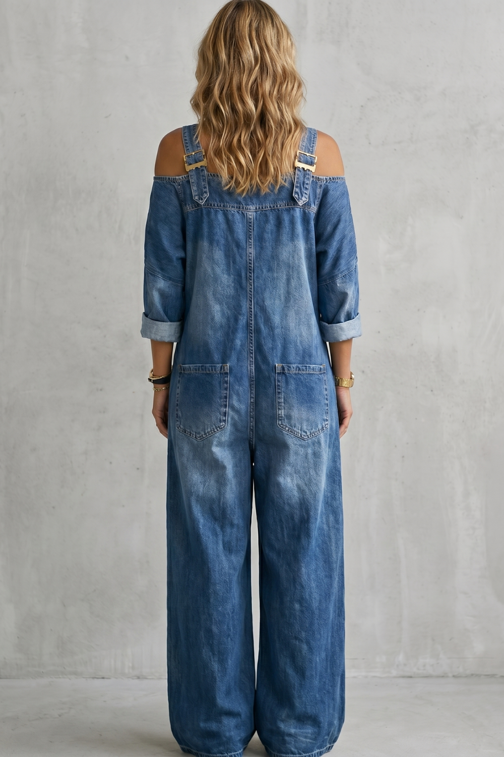 Women's Off Shoulder Wide Leg Dungarees with Buttons - Larienne
