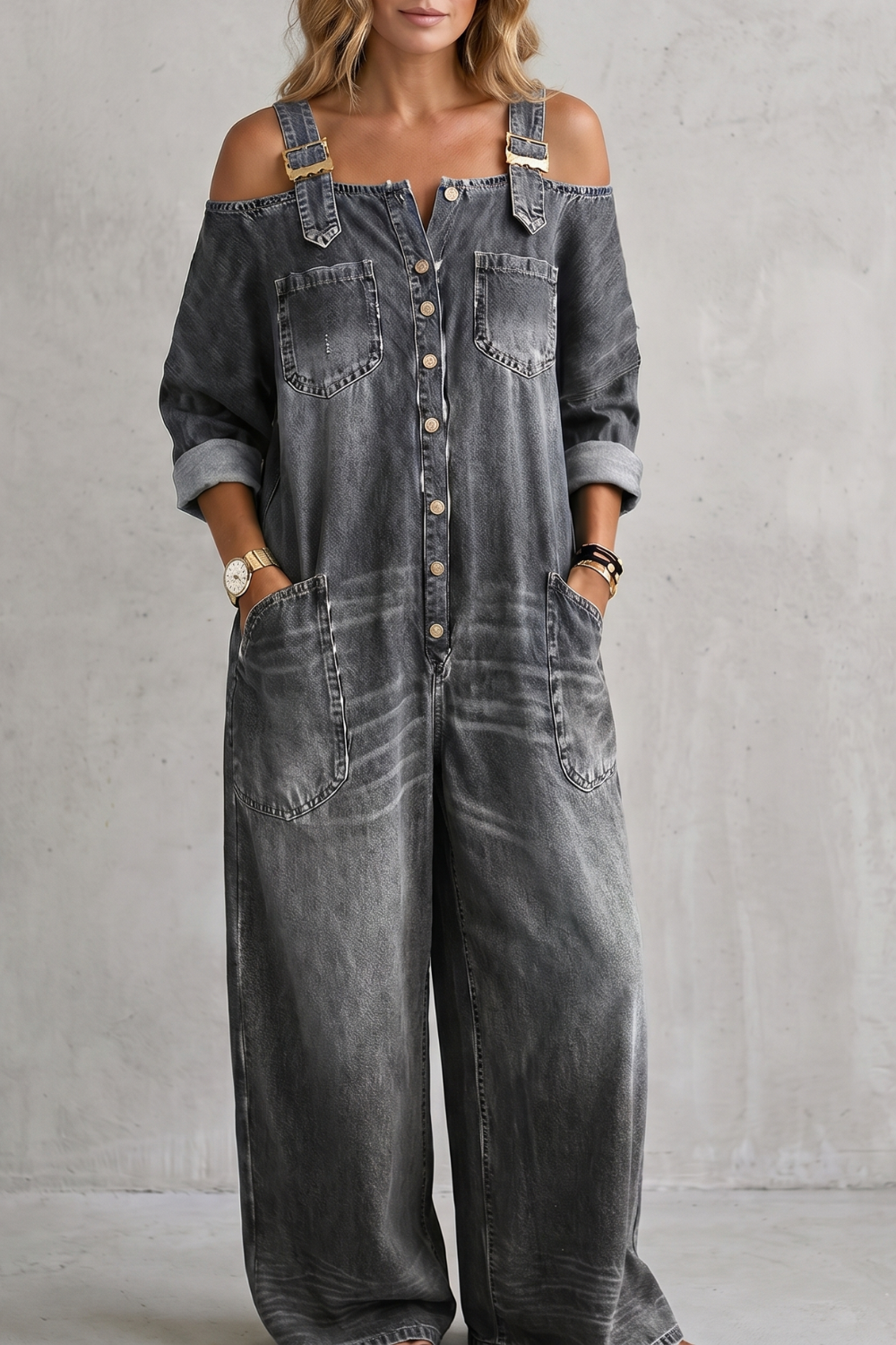 Women's Off Shoulder Wide Leg Dungarees with Buttons - Larienne