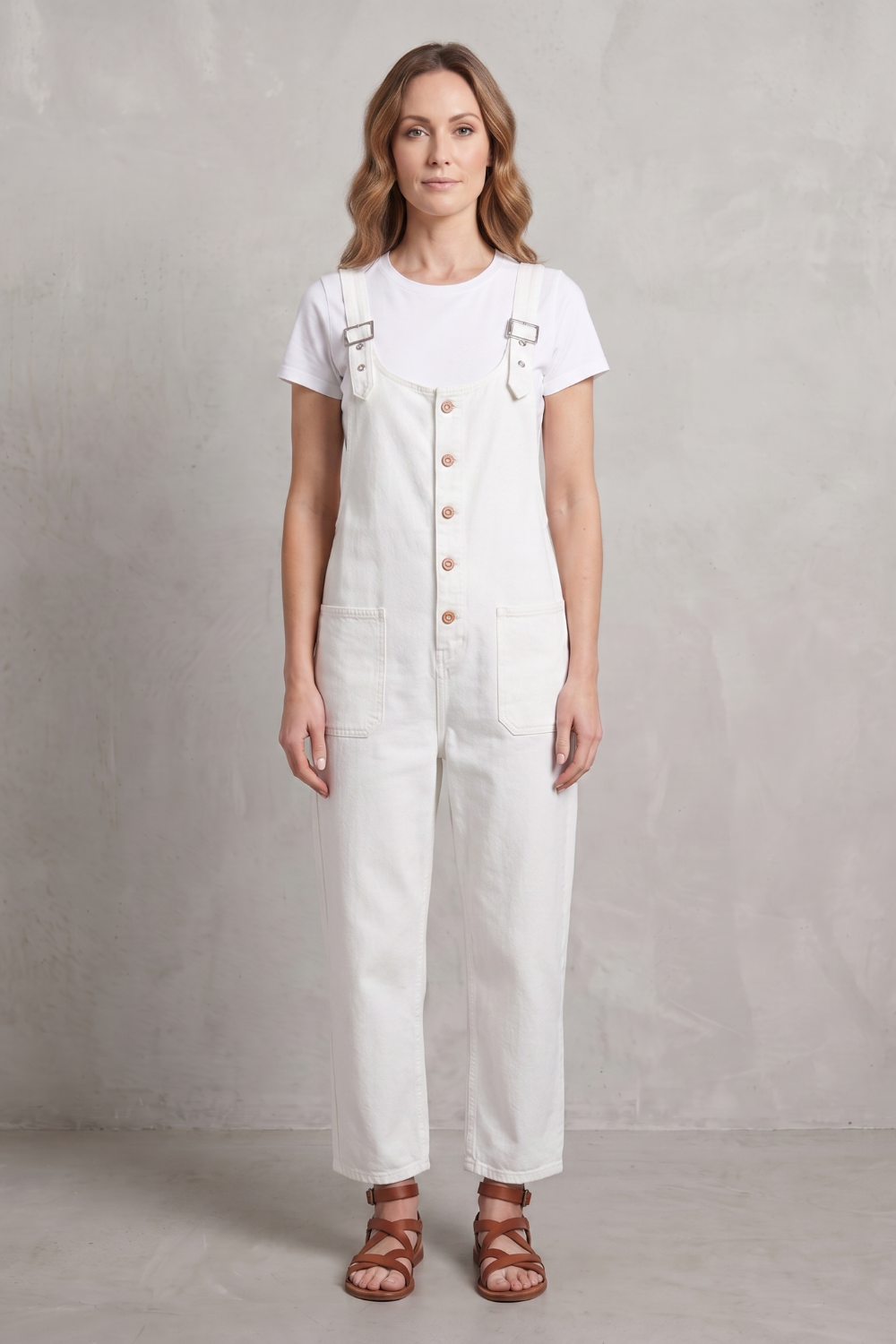 Women's Wide Leg Denim Dungarees with Button Front - Lavienne