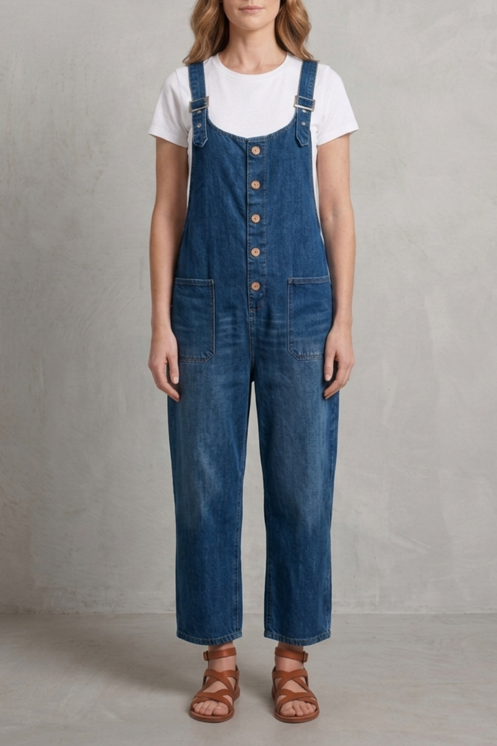 Women's Wide Leg Denim Dungarees with Button Front - Lavienne