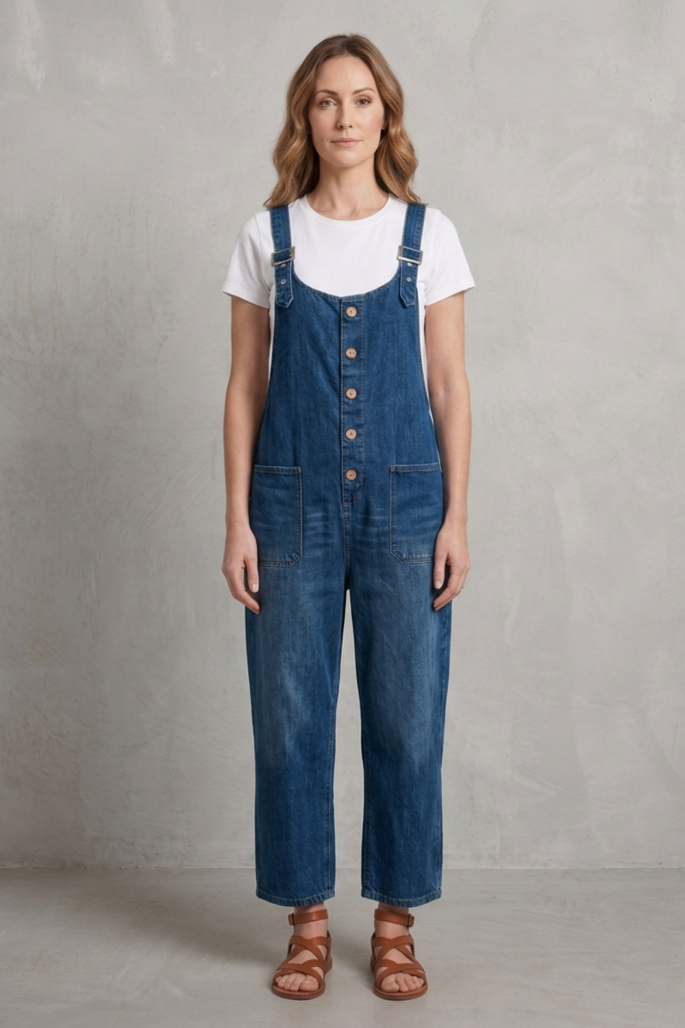 Women's Wide Leg Denim Dungarees with Button Front - Lavienne