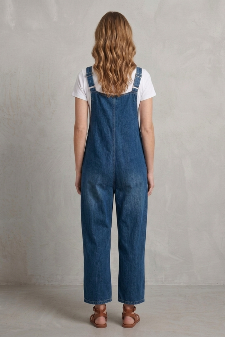 Women's Wide Leg Denim Dungarees with Button Front - Lavienne
