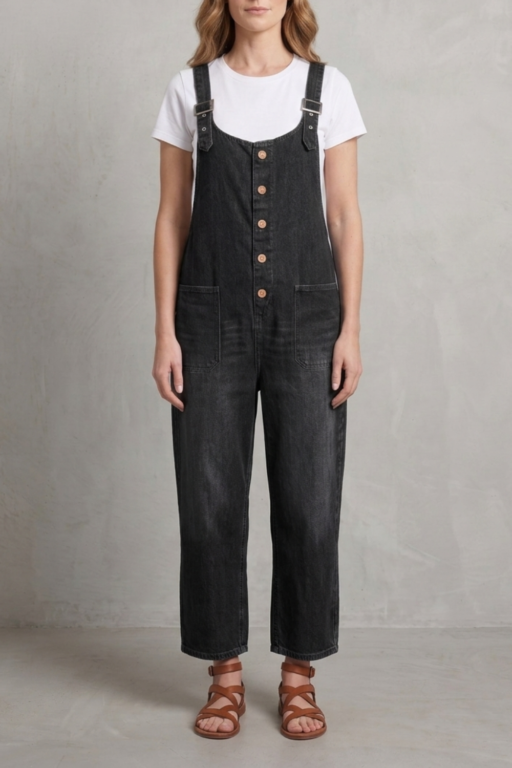 Women's Wide Leg Denim Dungarees with Button Front - Lavienne