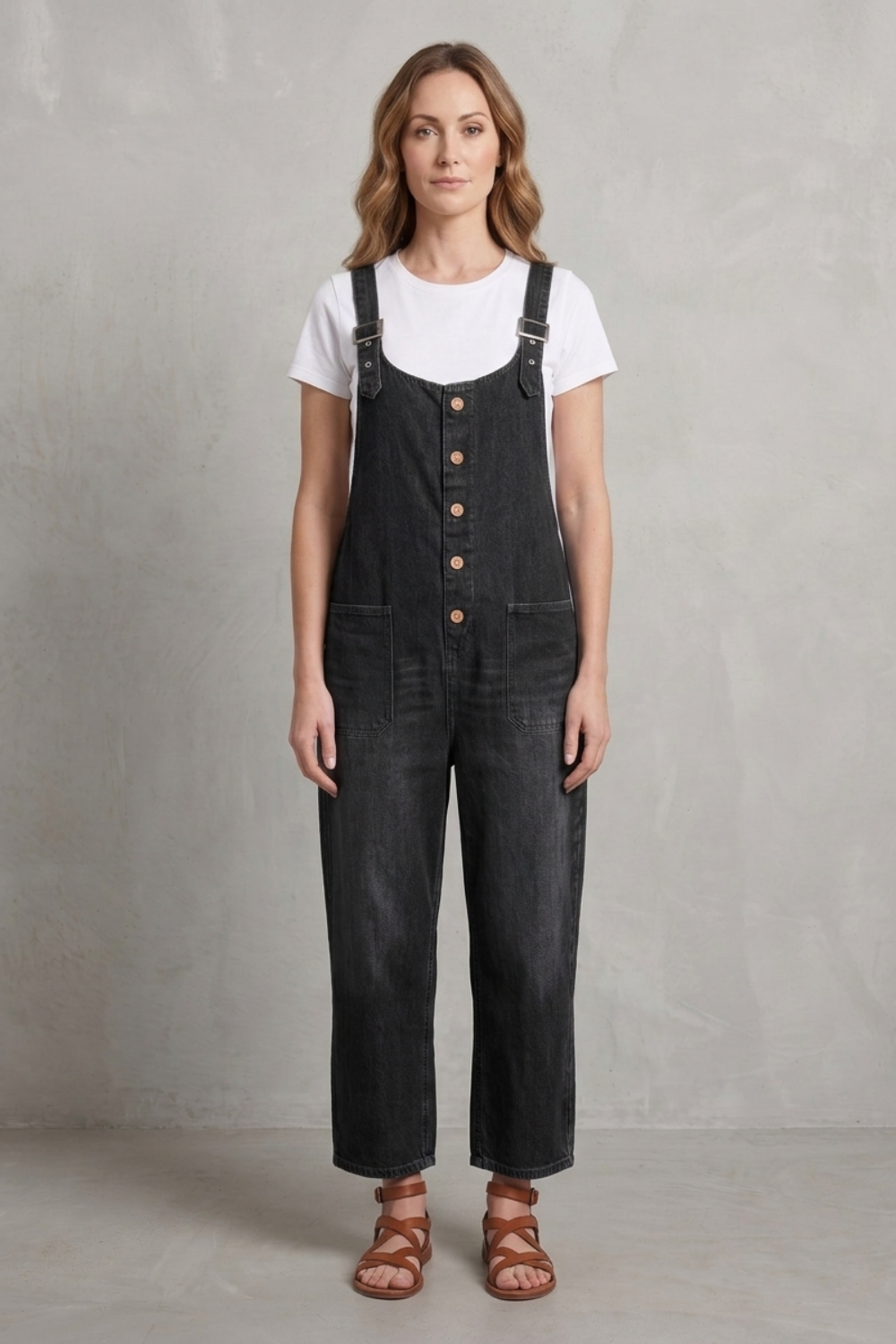 Women's Wide Leg Denim Dungarees with Button Front - Lavienne