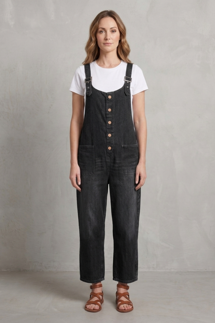 Women's Wide Leg Denim Dungarees with Button Front - Lavienne