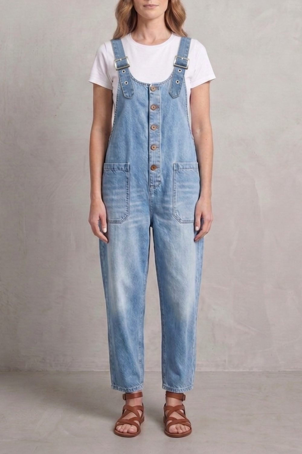 Women's Wide Leg Denim Dungarees with Button Front - Lavienne