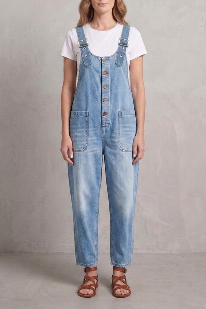 Women's Wide Leg Denim Dungarees with Button Front - Lavienne