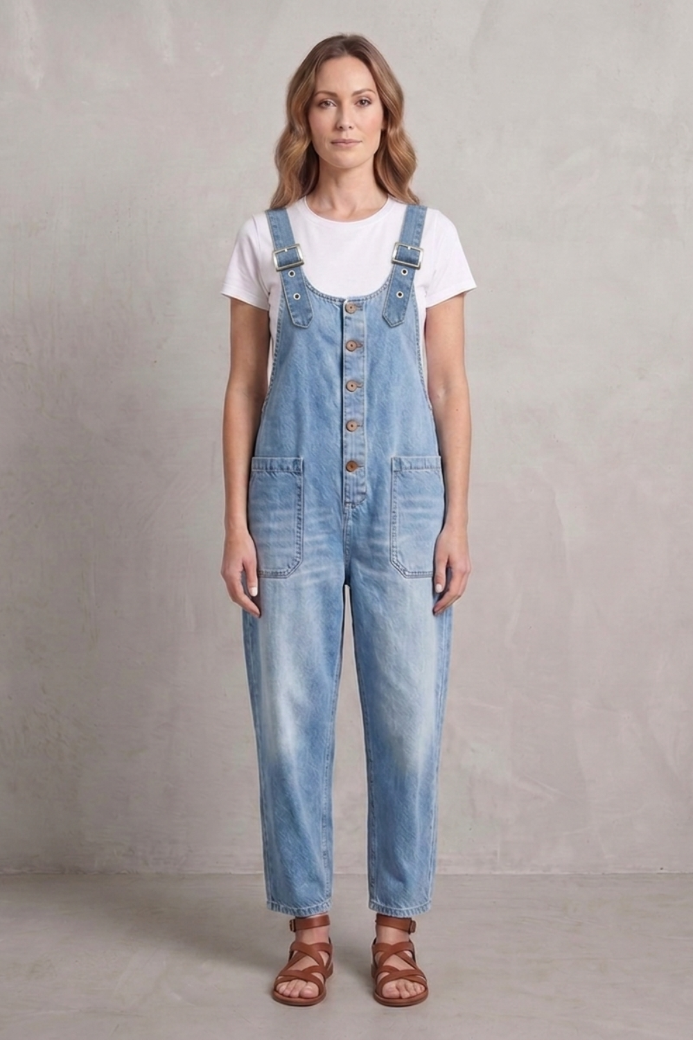 Women's Wide Leg Denim Dungarees with Button Front - Lavienne