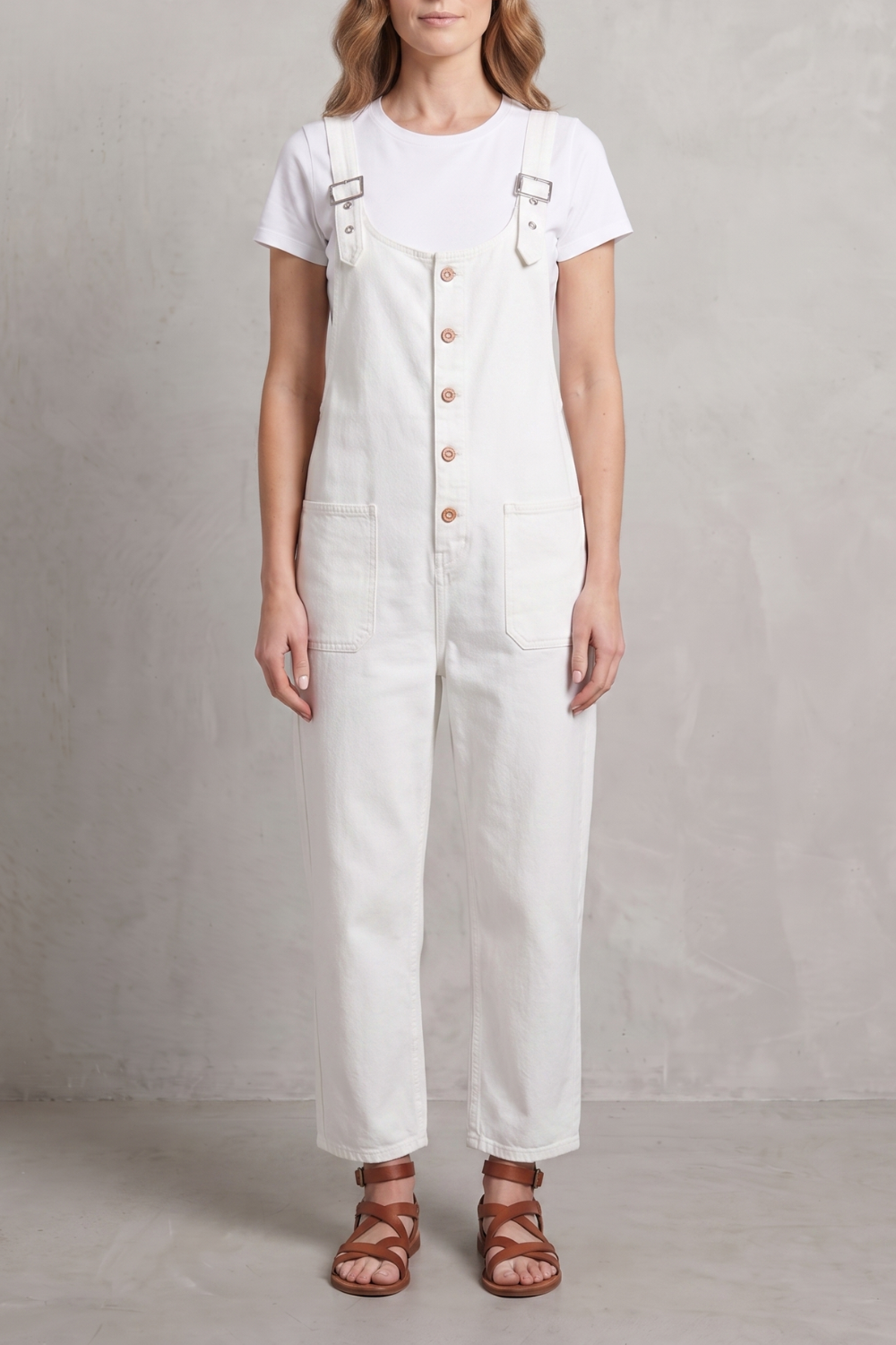 Women's Wide Leg Denim Dungarees with Button Front - Lavienne