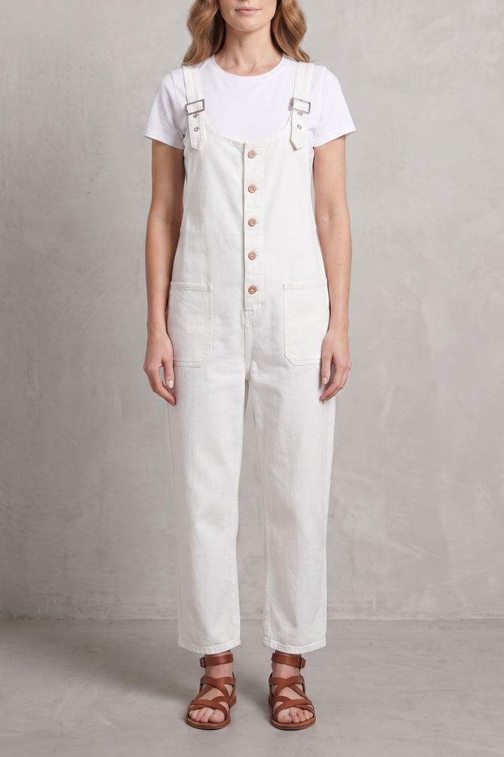 Women's Wide Leg Denim Dungarees with Button Front - Lavienne